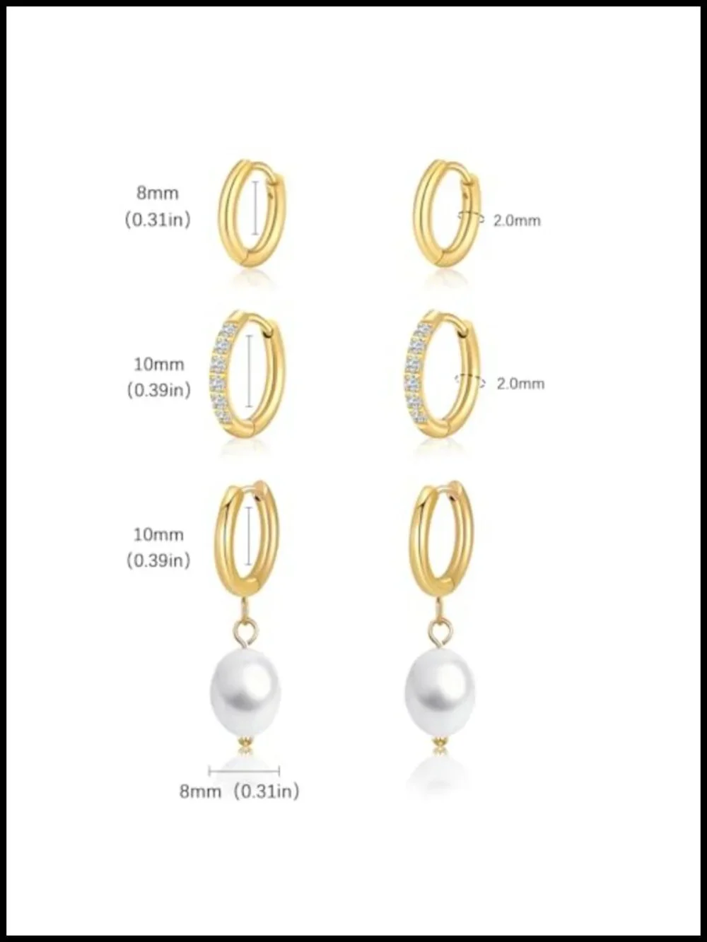 14K Gold Plated Surgical Steel Small Hoop Earrings Set Triple Cubic Zirconia